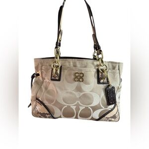 Canvas Coach Tote with Leather Snake Embossed Trim | Very Good Condition